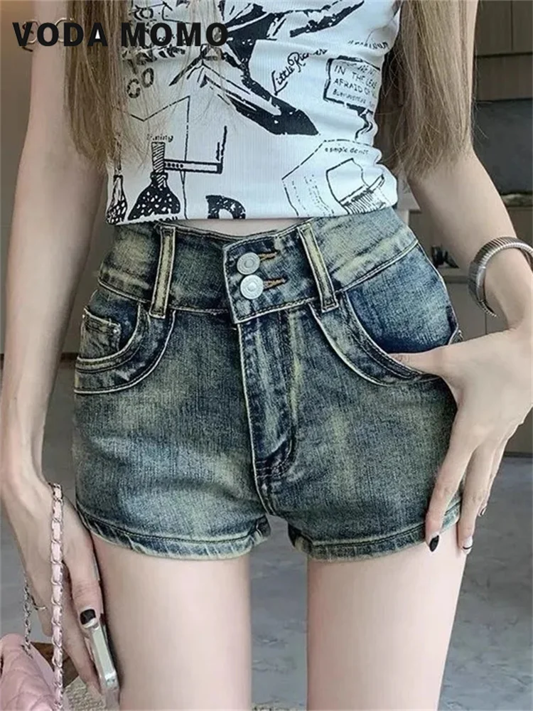 Vintage Short Jeans Versatile Pants Low Rise Denim Super Shorts Women's Summer Elastic Slim Skinny Sense of design Personalized