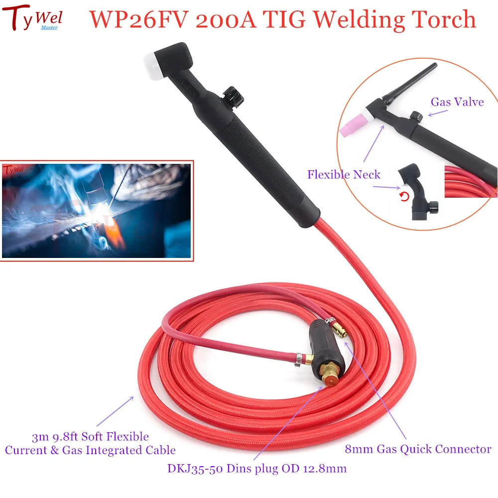 WP26FV 200A TIG Welding Torch 3m Soft Cable Air Cooled Tungsten Arc Valve Flexible Argon 35-50 Quick Connector WP26 Welder