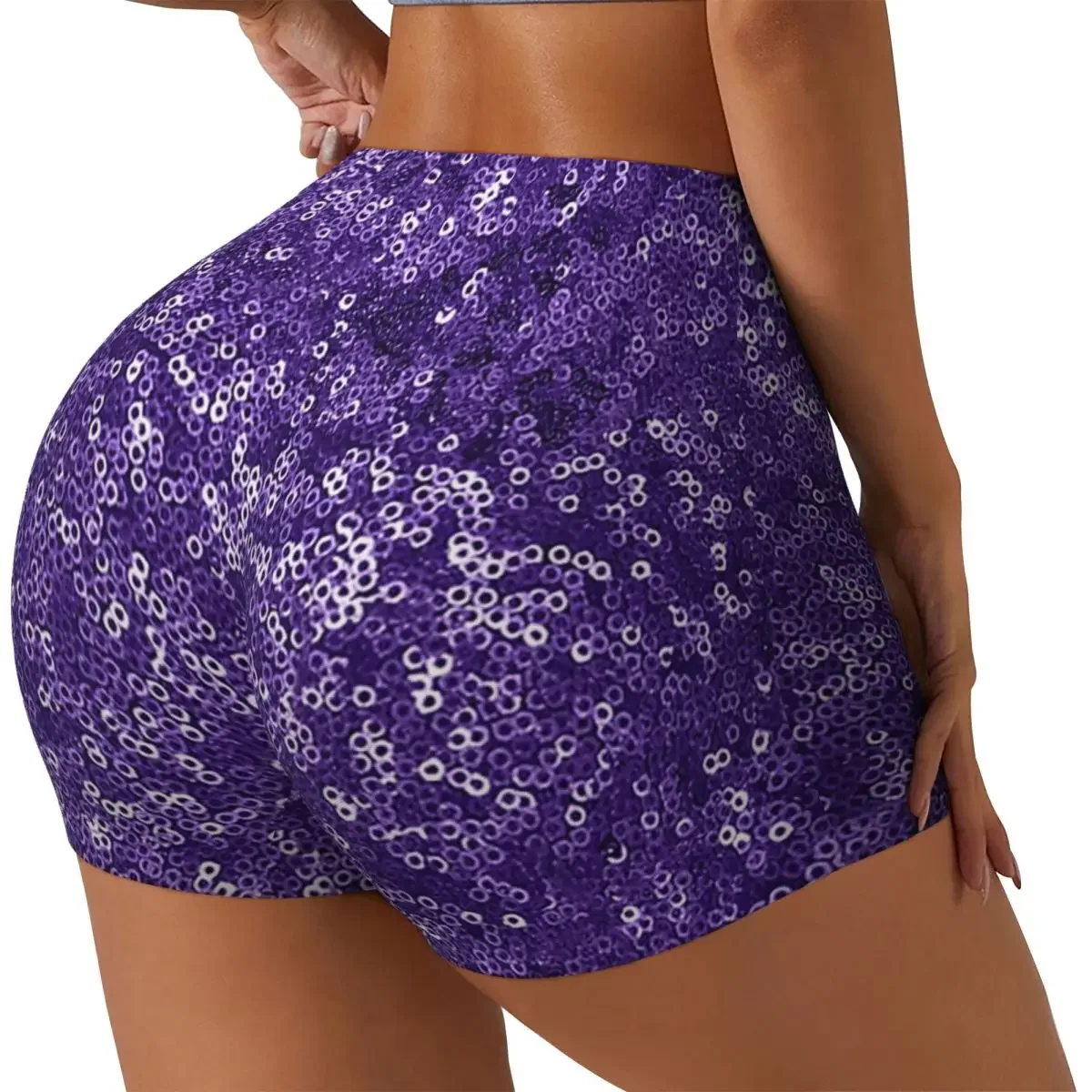 Custom Purple Sequins Women Gym Workout Running Shorts Athletic Volleyball Biker Yoga Shorts