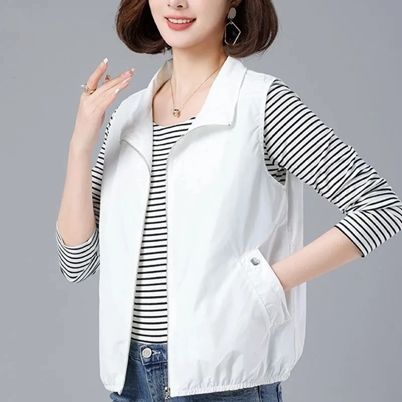 Spring And Summer Female Leisure Short Vest Cardigan Tops Coat Middle Aged Mom Costume Fashion Solid Color Cardigan Vest Jacket