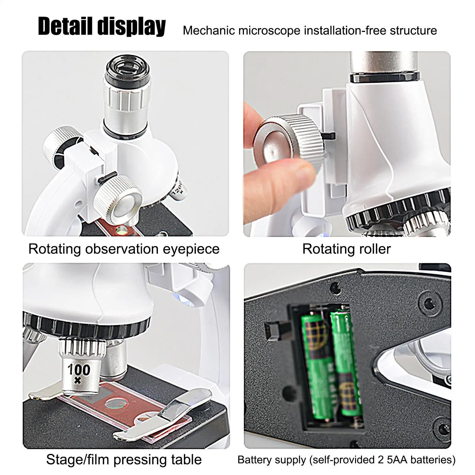 초보자 현미경 세트 100X-1200X 학습 어린이 현미경 과학 장난감 가정 실험실 교실 소년 소녀 학생용