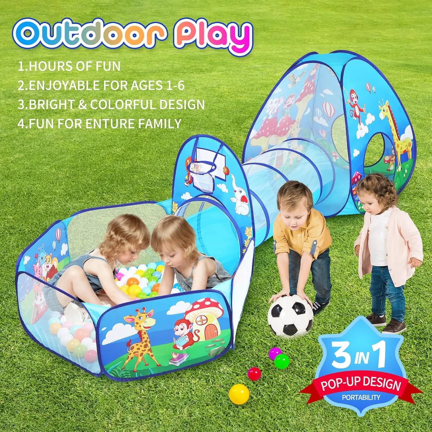 Tenda da gioco per bambini 3 in 1 per bambini con pozzo per palline e tunnel da gioco, casetta da gioco per interni ed esterni per bambini con tunnel da arrampicata giocattolo