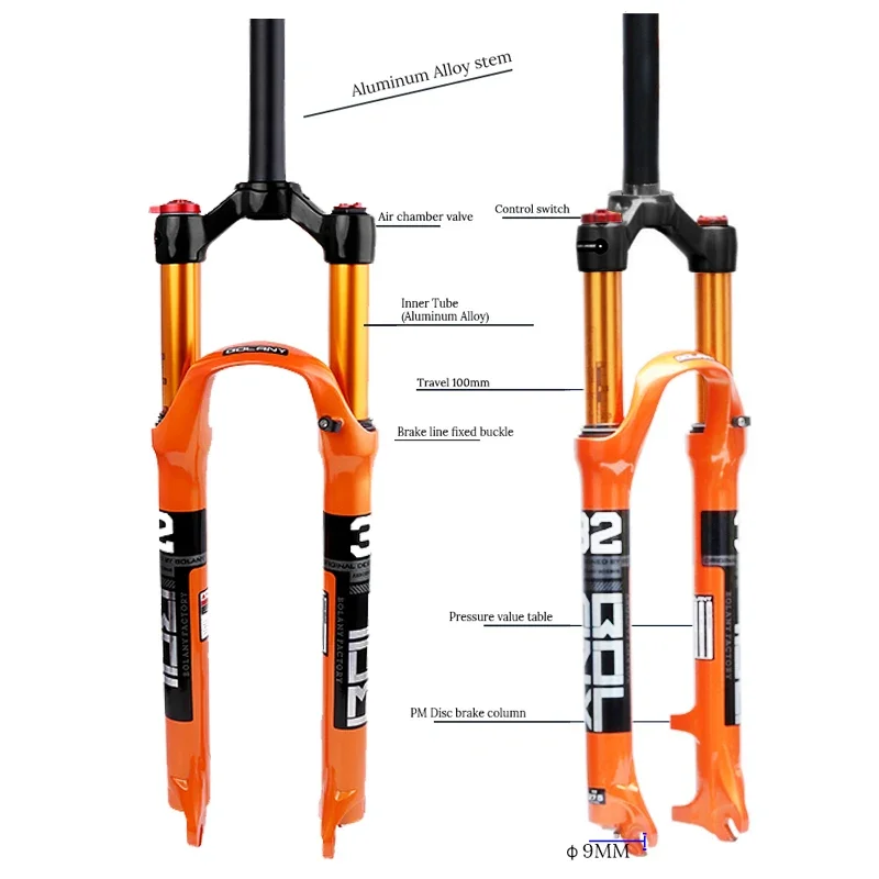 MTB Bicycle Fork Bolany Magnesium alloy air Suspension 26 27.5,29 32 HL, RL100mm, mountain bike fork lock, bicycle parts