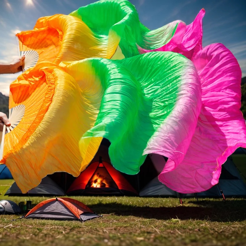 Véus Longos Dobráveis para Dança do Ventre, 100% Seda Real, Feitos À Mão, Cores de Fogo Chinês, Costelas De Bambu, 1.8m, 2.1m