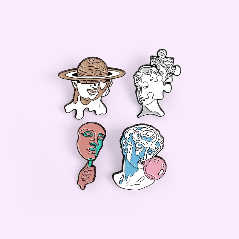 Statue Enamel Pin Colossal Hellenistic Statues Lapel Pin Roman Sculpture With Mirror Puzzle Bubblegum Planet Brooch Spoof Design