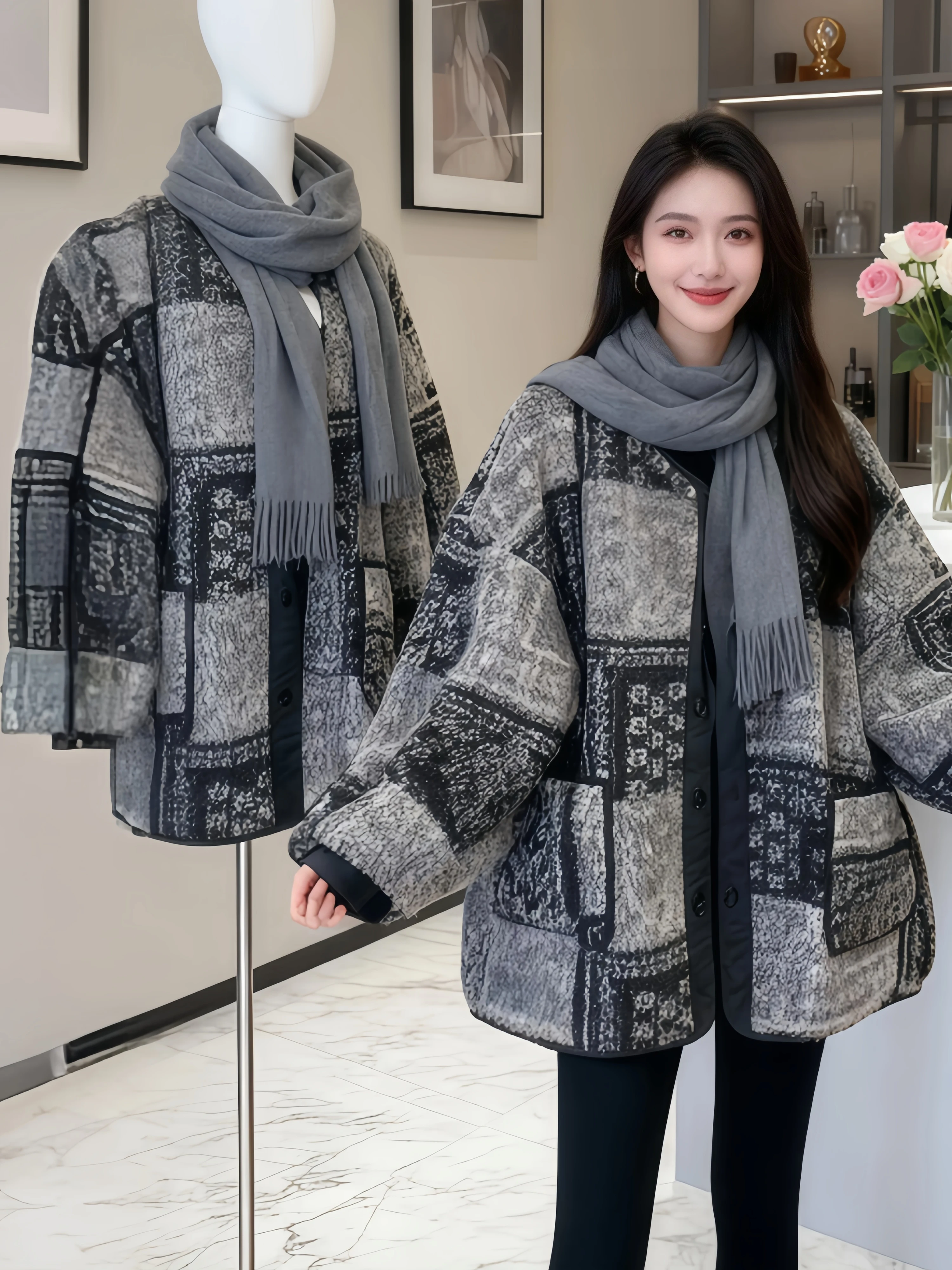 

Retro Elegant Thick Warm Women's Jacket Loose Fit Winter New Style Korean Style Button up Long Sleeve round Neck Coat
