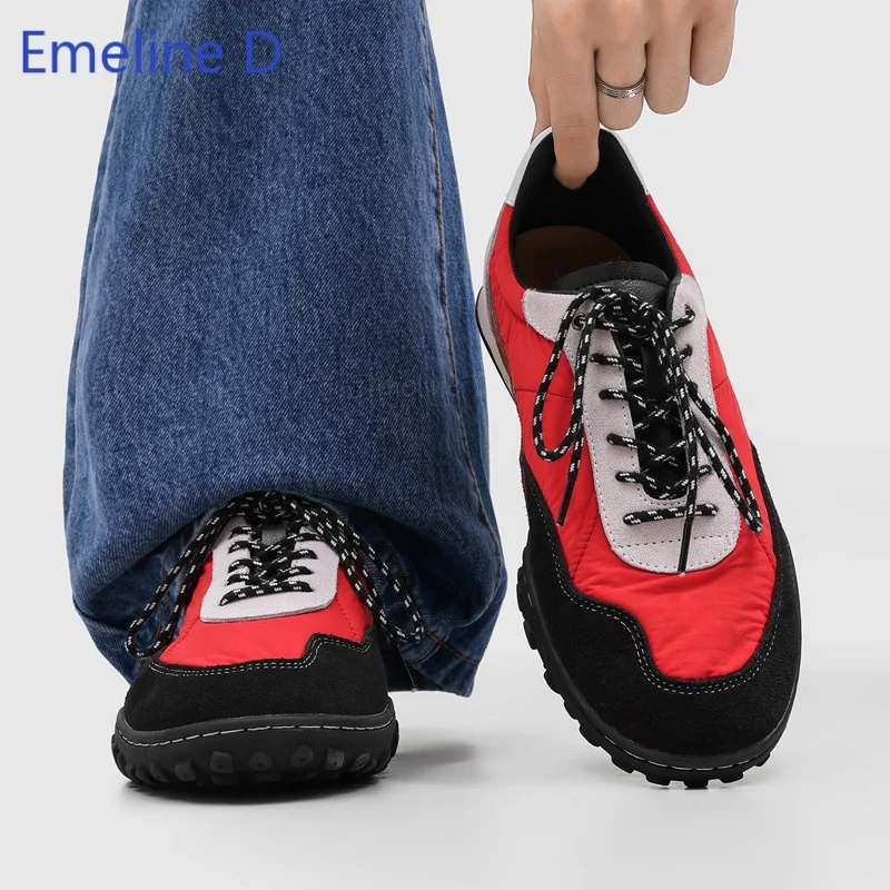 Male Lace Up Casual Sneakers Contrast Color Suede Classic Rounded Toe Dual Tone Braided Shoelaces Flat Sole Daily Footwear