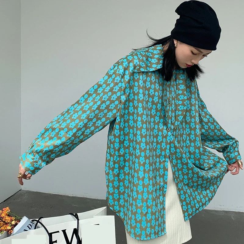 

Autumn New Women's Lapel Loose Korean Version of The Printed Top Women's Long-sleeved Green Women's Top Fashion Ladies