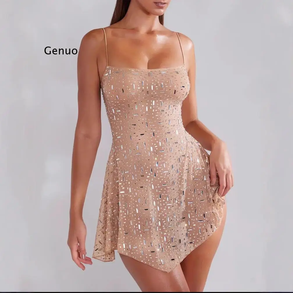 2026 Strass-Transparentes Cami-Minikleid für Damen Quadratischer Ausschnitt Funkelndes Netzkleid für Partys