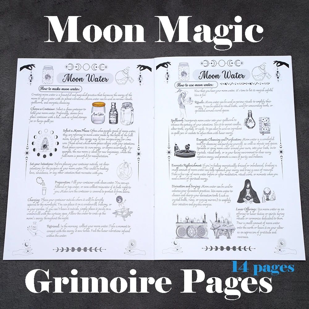 Lua magia grimoire páginas lunar magick lua guia de água feitiços lunares fases da lua bruxa 14 páginas jogo de cartas