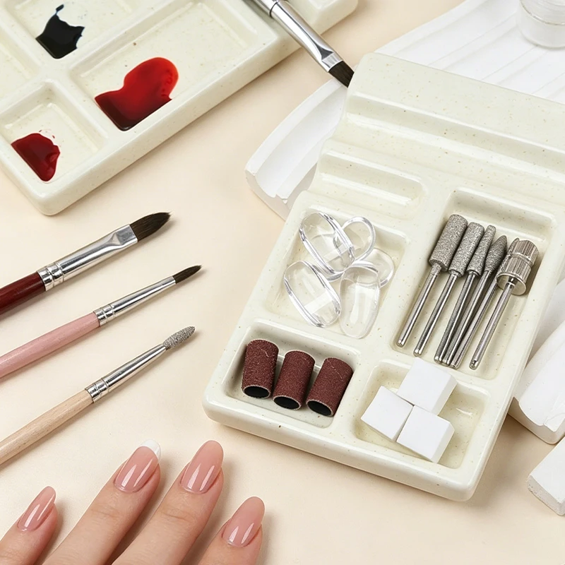 Multi‑Purpose Ceramic Nail Mixing Palette With Brush Holder Nail Gel Polish Watercolor Pigment Tray Manicure Display Tool