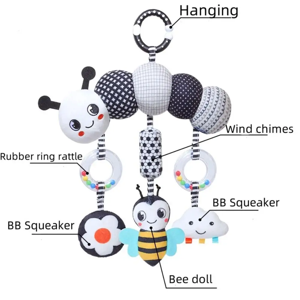 Sonajero infantil de dibujos animados, juguete colgante de cama de bebé de felpa de alto contraste, oruga blanca y negra, juguete sensorial para recién nacido