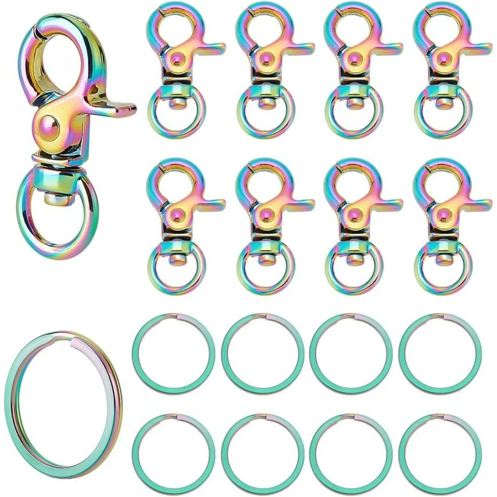 10pcs Rainbow Trigger Snaps Alloy Swivel Clasps with 10pcs 304 Stainless Steel Split Key Rings Push Gate Clasps Lanyard Snap