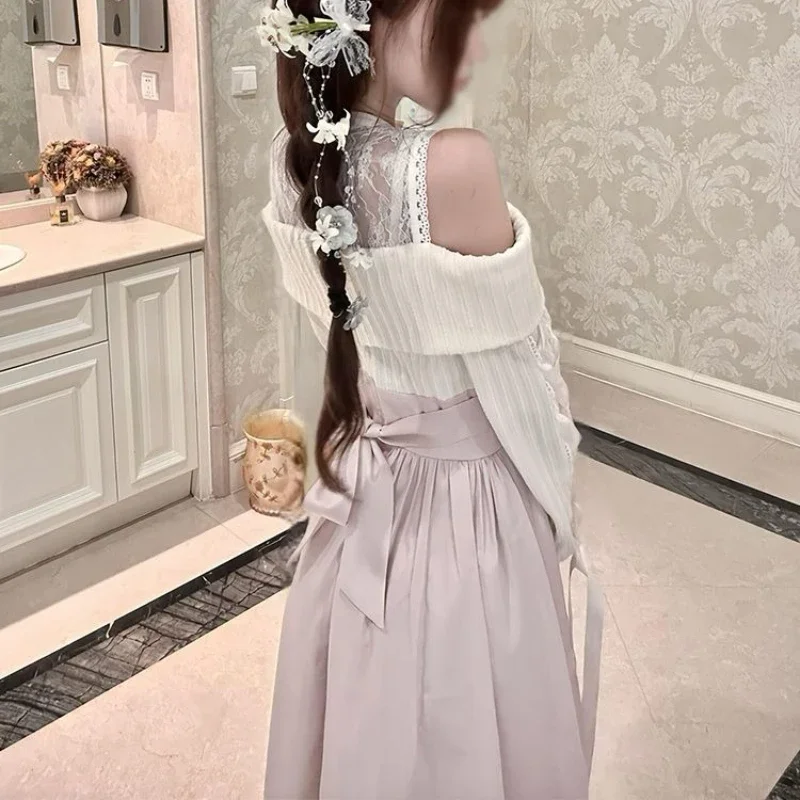Kyoto Noble Girl Autumn and Winter Clothing Japanese Off Shoulder Bow Waist Slimming Long Dress Party Date Princess Dress