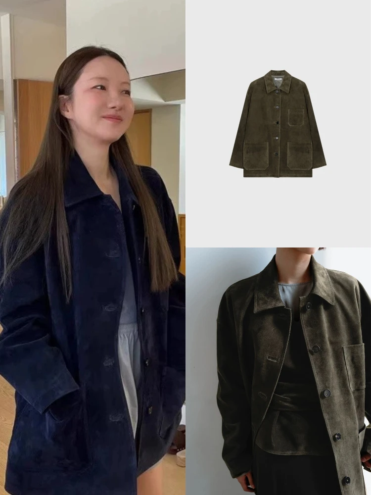 

Sle Retro Suede Jaet Women's Loose Collar Hong Kong Sle Mid-Length Top Button Closure Long Sve Outerwear