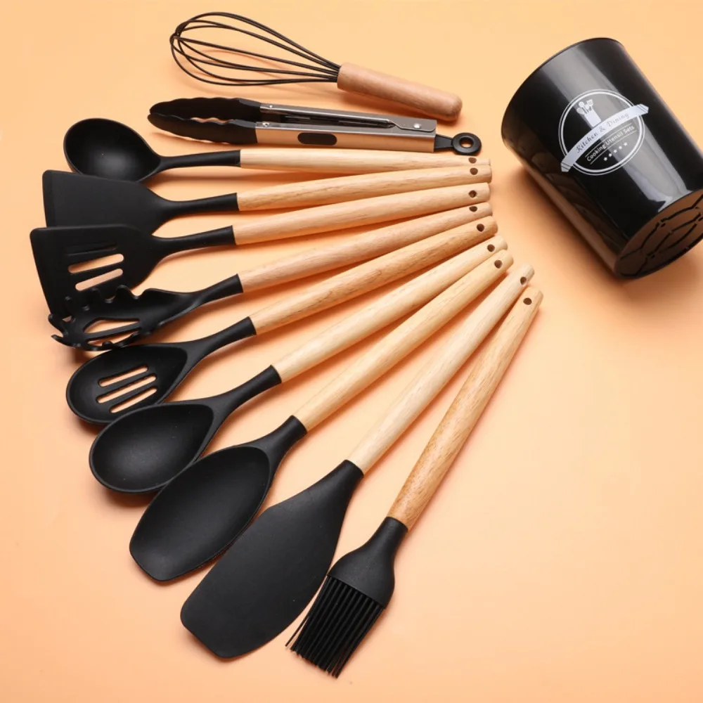 

12pcs Premium Silicone Kitchen Utensils With Ergonomic Wooden Handles Effortless Cooking Non-Stick Cookware Pan Kitchen Supplies