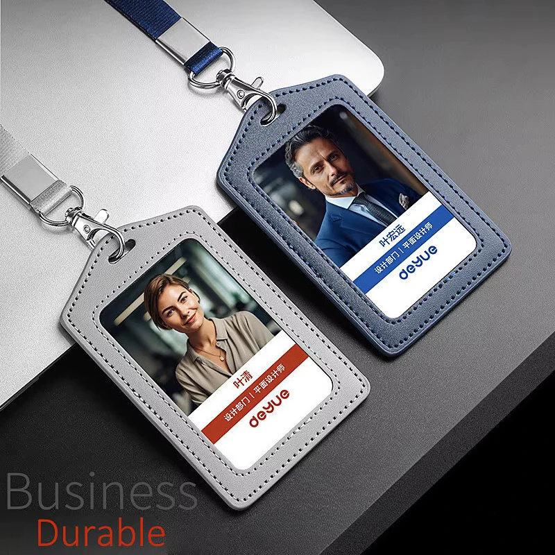 Cowhide ID Badge Holder with Lanyard Single Slot Vertical Work ID Card Holder Business Staff Name Tag IC Card Protective Cover
