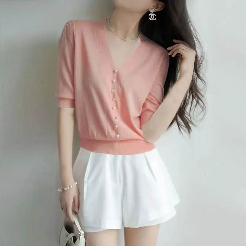 Abbigliamento donna mezza manica solido scollo a v pullover lavorati a maglia estate sottile tutto-fiammifero Office Lady top t-shirt svasate