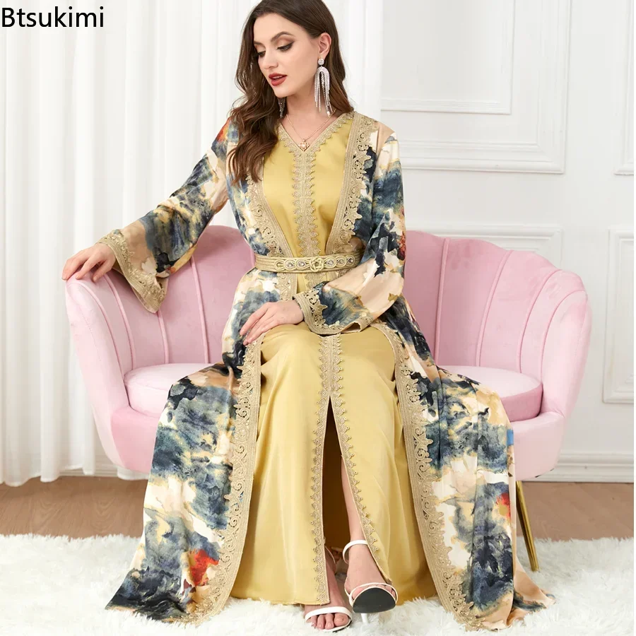 New Womens 2 Piece Sets Outfits Summer Hem Slit Gold Satin Belt V Neck Robe Embroidery Arabic Dress Moroccan Caftan Woman Dress