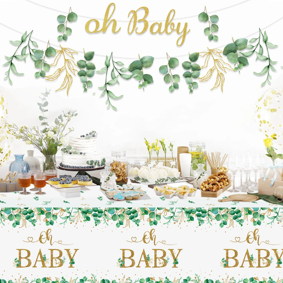 220x130cm Sage Green Tablecloth Oh Baby Disposable Plastic Rectangle Eucalyptus Leaf Table Cover Baby Shower Party Decorations