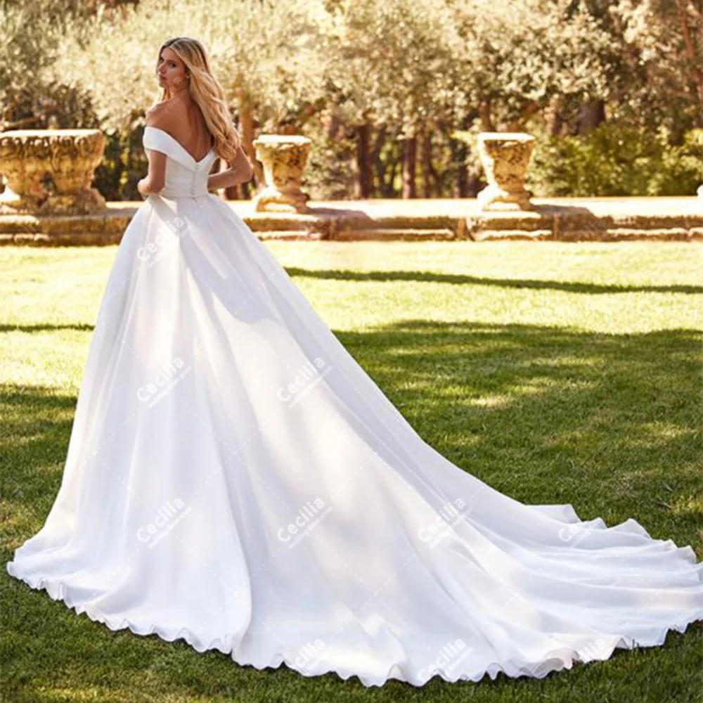 Vestidos De Novia De satén sencillos, elegantes Vestidos De Novia con hombros descubiertos, línea A, tren De barrido, bonitos Vestidos De Novia 2024