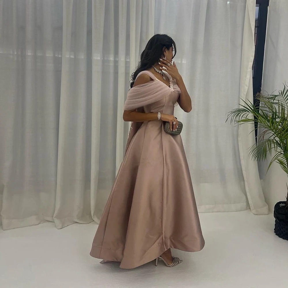 تخصيص بسيط الخامس الرقبة ألف خط قبالة الكتف مساء اللباس الساتان سويب تراين بلا أكمام حزب اللباس الكاحل طول فستان حفلات