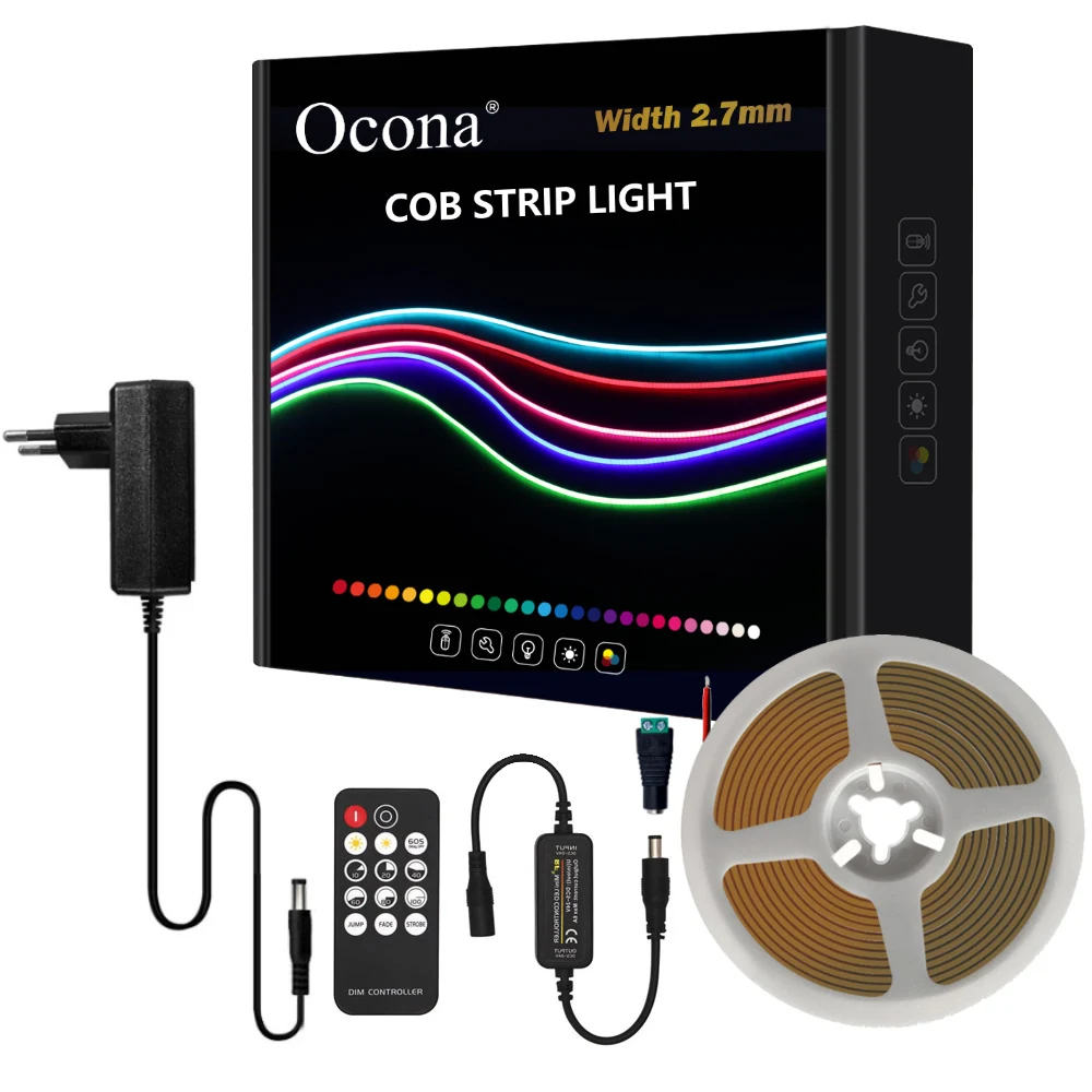 Kit completo de tira de luces LED COB multicolor para decoración de habitación, cinta de luz de alta densidad, Color azul/rosa/rojo, 2,7mm, cc 12V