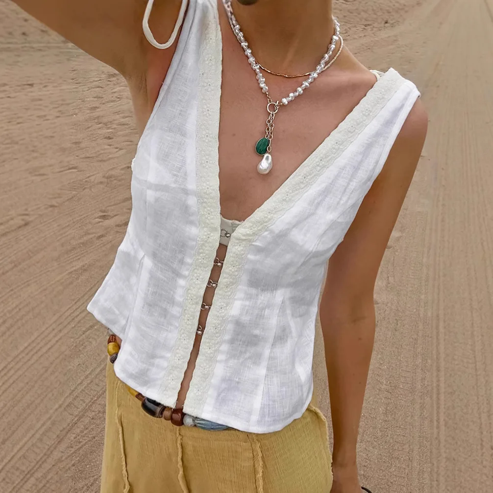 

Fashion V-neck White Vest Women's 2026 Summer Temperament Bamboo Cotton Lace Cardigan Top