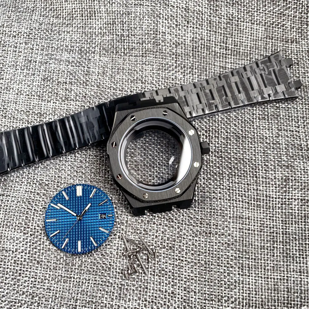 Schwarze Eiche pp Achteck Uhrengehäuse 42mm für nh34 nh35 nh36 nh37 nh38 nh39 nh70 nh72 Saphirglas Zifferblatt Handset für Uhr mod