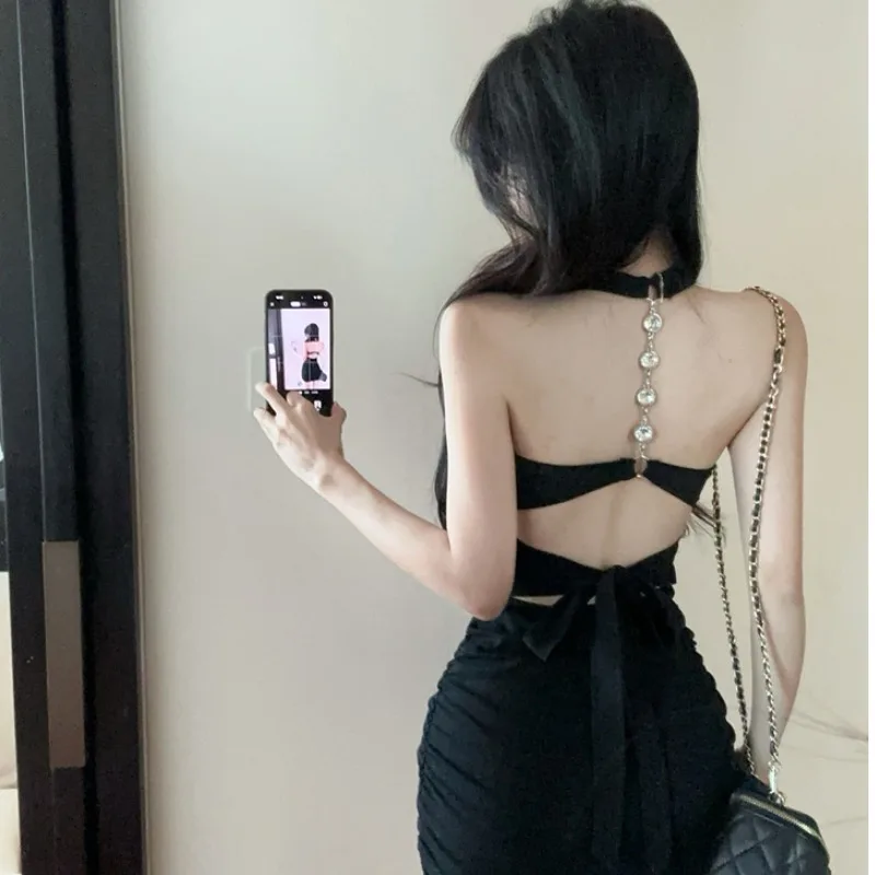 Vestido ter Sem Costas com Alça de Corrente Sexy e Picante para Mulheres, Saia de Cauda de Peixe Slim Fit de Verão, Vestid...