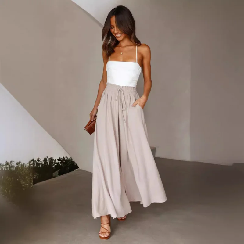 2023Europe and America Cross Border Summer New Women's Wide-Leg Pants Elastic Waistband Wide Leg High Waist Long Culottes for Wo