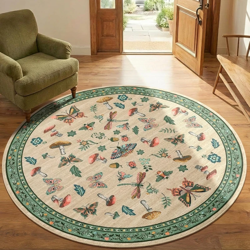 Living Room Carpet Machine Washable Non-Slip Butterfly Mushroom Insect Green Round Bedroom Rug Modern Home Decoration Foot Mats