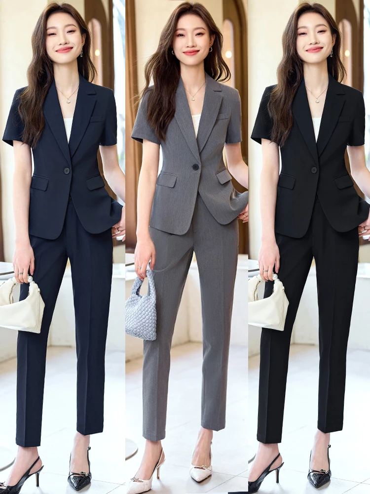 Summer Thin Short Sleeve Suit Set for Women Professional Career Workwear Commute Interview Business Polyester Fiber  Ja...