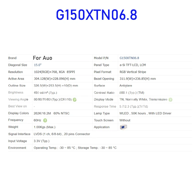 Auo용 오리지널 LCD 디스플레이 스크린, G150XTN06.8, 15.0 인치, 1024x768