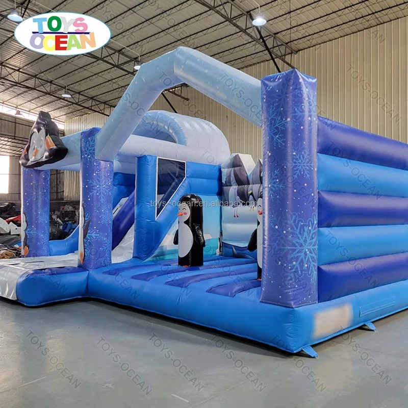 Custom-designed Outdoor Large Playground Castle with penguin Inflatable Bounce House with Slide, Perfect for Kids.