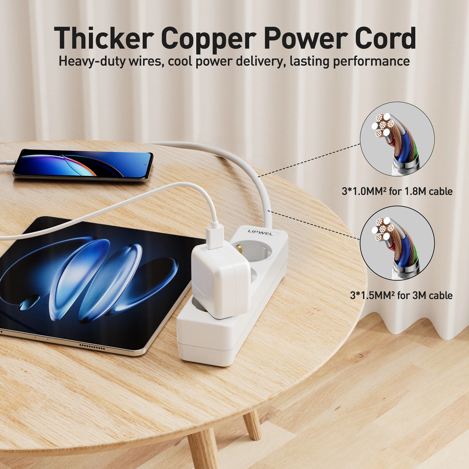 شريط طاقة بمقبس أوروبي من الأسلاك النحاسية السميكة، موزع طاقة متعدد المنافذ مع أحجام مقابس مختلفة، حل طاقة موثوق به