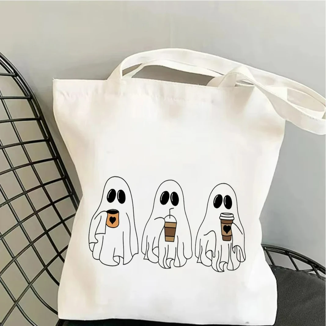 1pc Funny Ghost Drinking Coffee Print Canvas Tote Bag Unique Shoulder Bag Eco Friendly Carryall for Shopping Office Travel