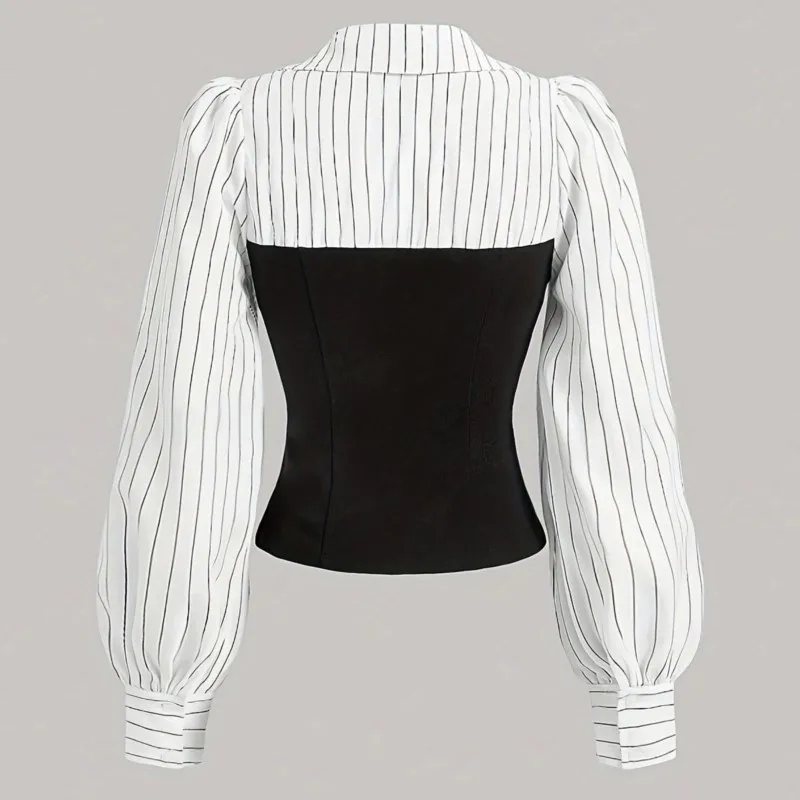 المرأة أزياء أسود أبيض الربط مخطط تقسم التلبيب قميص أنيق قمصان الموضة الأعمال عارضة مكتب مزاجه أنيقة