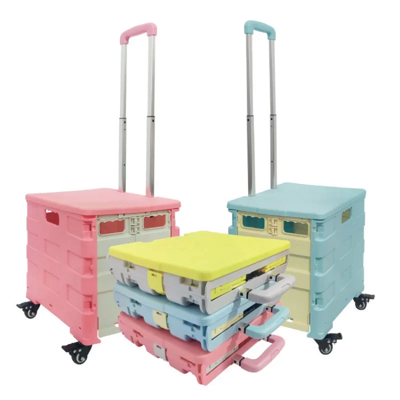 Foldable Shopping Cart with Vegetable Storage Bags - Plastic Collapsible Utility Trolley for Outdoor Picnic, Camping & Grocery