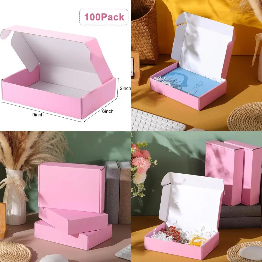 Pacote com 100 pequenas caixas de transporte de papelão rosa para presentes e envio postal, 9x6x2 polegadas