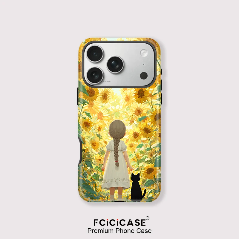 Fcicicase عباد الشمس فتاة جراب هاتف آيفون 17 الهواء 16 15 14 برو ماكس 11 12 13 16 زائد لينة الاكريليك طبقة مزدوجة ل Magsafe غطاء #1