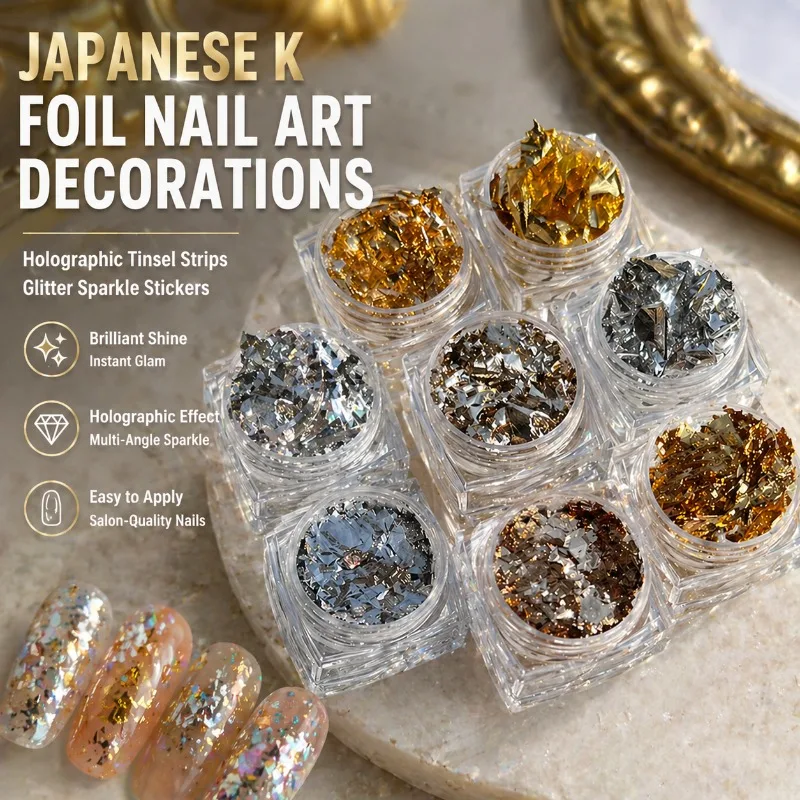 K Gold Foil Paper Super Shiny Nail Decor Laser Silver Tin Foil Tiny Fragment Sticker Reflective Glitter Chip Ornament Styling
