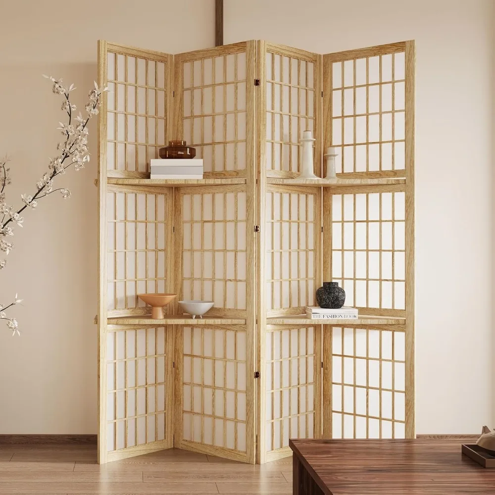 

5.6FT Room Divider and Folding Portable Partition Screen, Chinese Japanese Shoji Style with Three Display Shelves for Room
