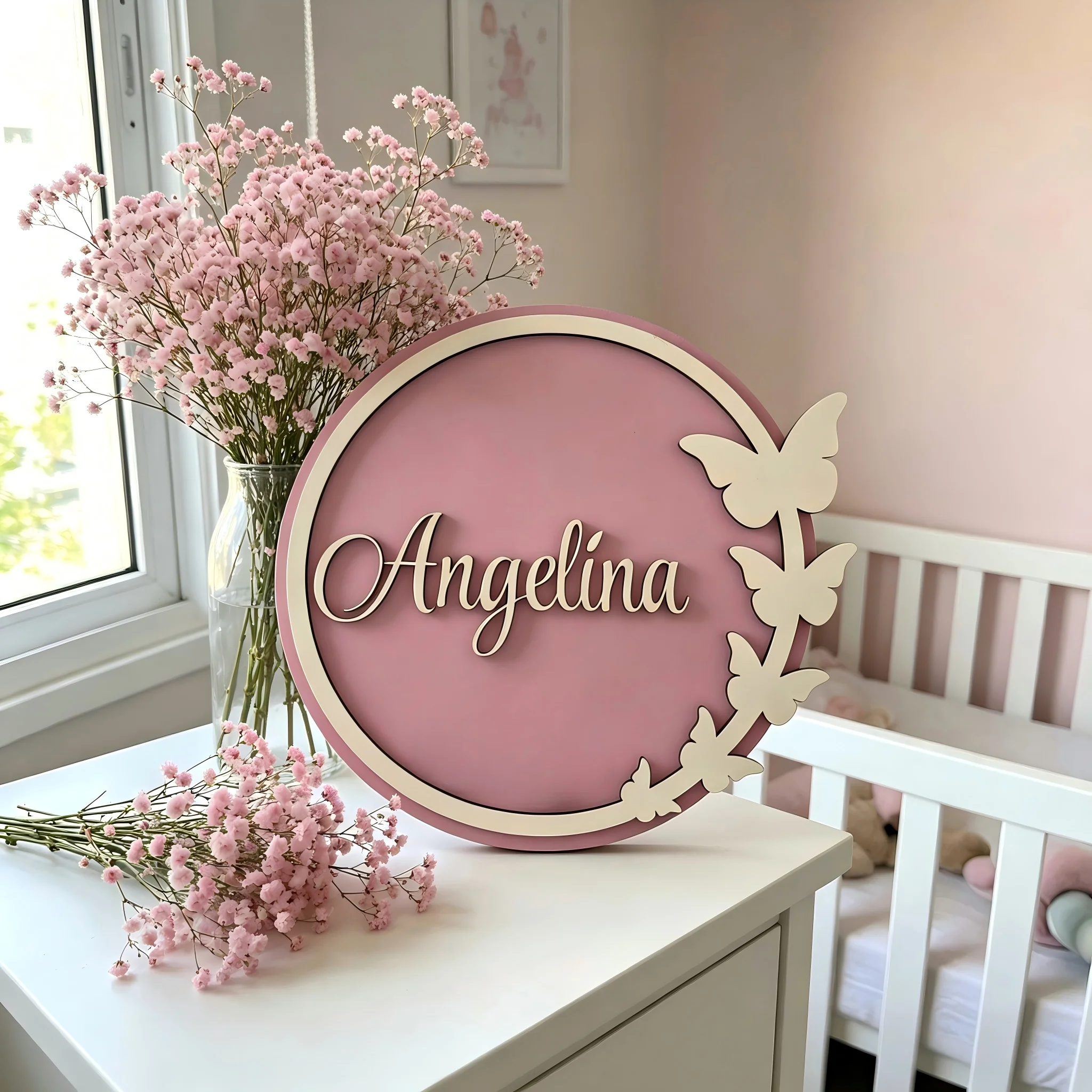 1Pc Custom Pink natural wooden style Wooden Name Plaque,Home Nursery Room Wall Door Decor,Birthday Wedding Baby Shower Gift Gift