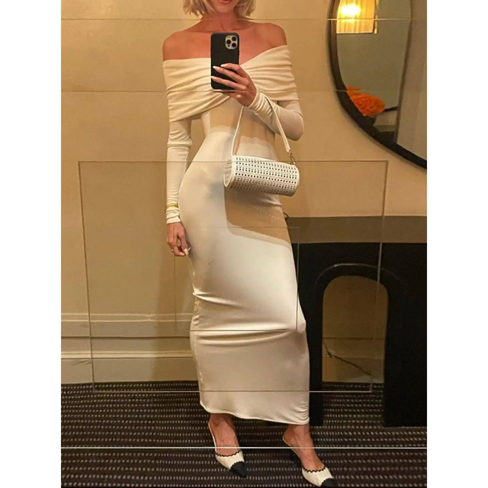 

Модное универсальное облегающее платье макси с одним открытым плечом, классическим длинным рукавом, завязками и завышенной талией, базового цвета.