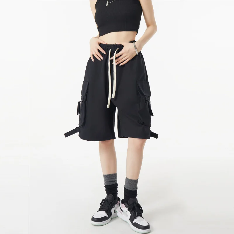 Black Cargo Shorts for Women Street Style Vintage Loose Straight Half Pants Summer Fashion Casual Bottoms Female Clothing