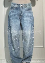 High Street Y2K Bright Diamond Jeans Pants Fashion Trendy High Waist Straight Denim Trousers Temperament Hot Girls All-match