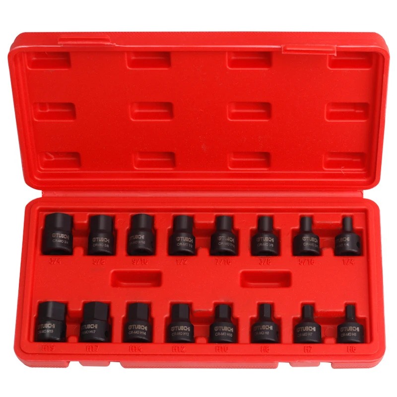 3/8 Inch Drive Low Profile Impact Hex Driver Set SAE/Metric 1/4-3/4 Inch 6-19mm Cr-Mo Steel One-Piece Construction Hand Tool