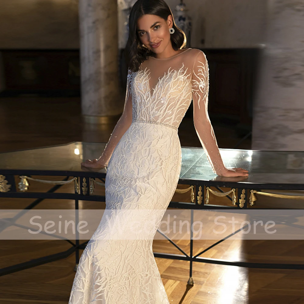 Robe de mariée sirène en dentelle à manches longues, robe de mariée élégante, dos ouvert, fermeture à glissière, quelle que soit la saison meurtrière, sexy, 2022