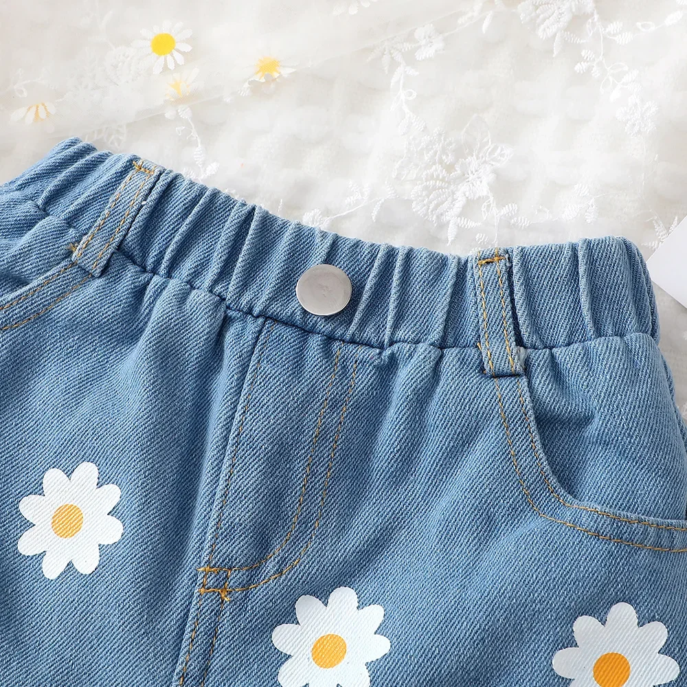 Kids Girls Fashion&Leisure Daisy Denim Shorts Blue Elastic Waistband Korean Style Shorts Outdoor Wear for Children 4-7 Ages